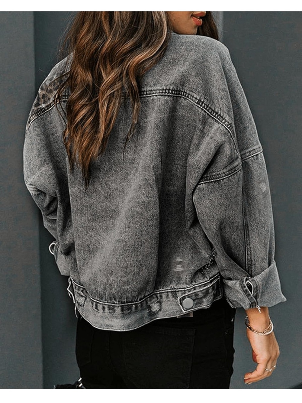 Leopard Patch Distressed Denim Jacket - Women's Black - Picture 5 of 5